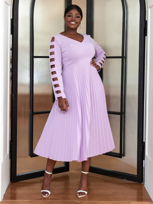 AOMEI V Neck Hollow Out Sleeve Pleated Dresses Midi