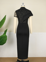 Women Lace Patchwork Short Sleeve Stand Neck Bodycon Dresse