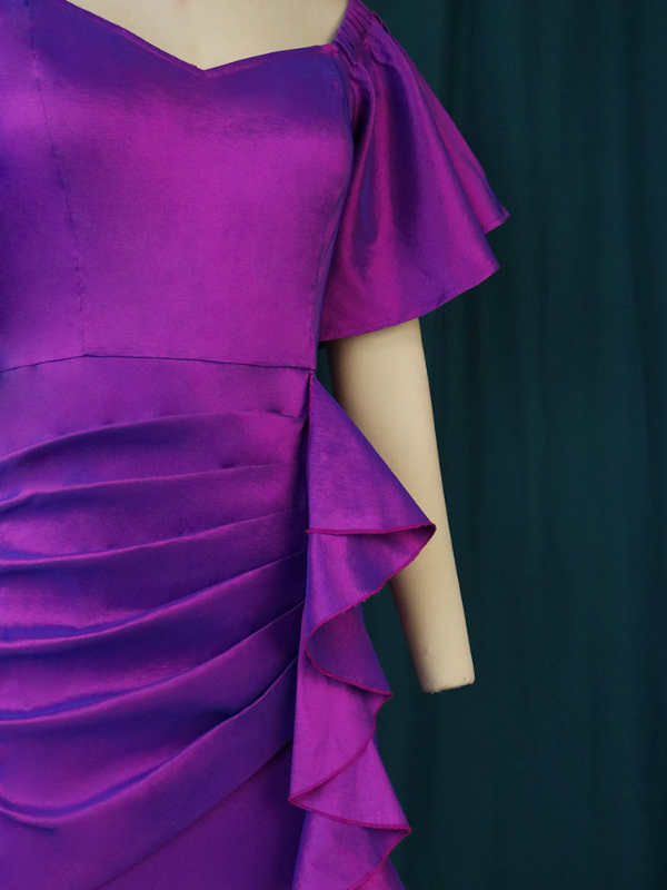 Women Purple Pleated  Ruffled Long Party Dress