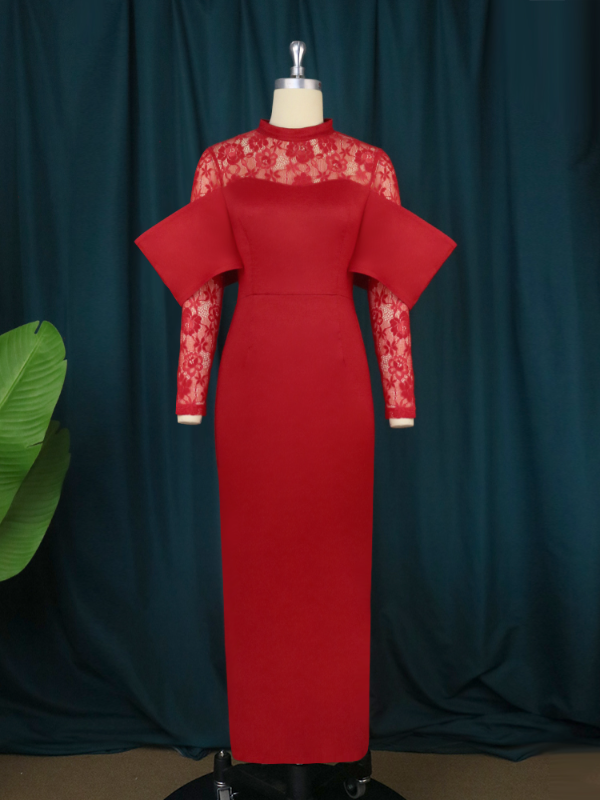 Women Patchwork Lace Red  Long Vintage Christmas Party Dress