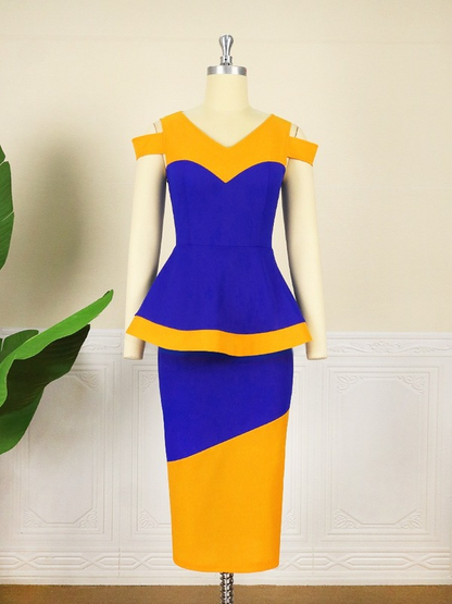 Cold Shoulder Patchwork Color Block Peplum Dresses