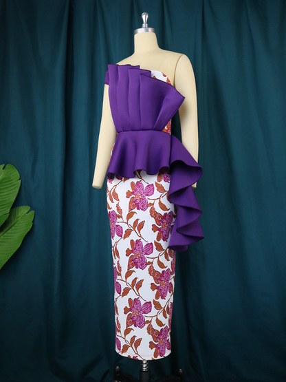 One Shoulder Ruffles Floral Printed Bodycon Purple Dresses Maxi