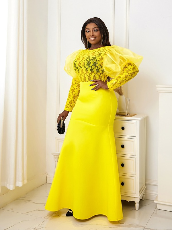 Yellow Lace Puff Sleeves See Through Long Mermaid Dress