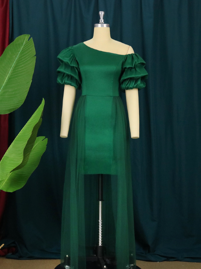 Women Puff Sleeves Patchwork Mesh Green Dress
