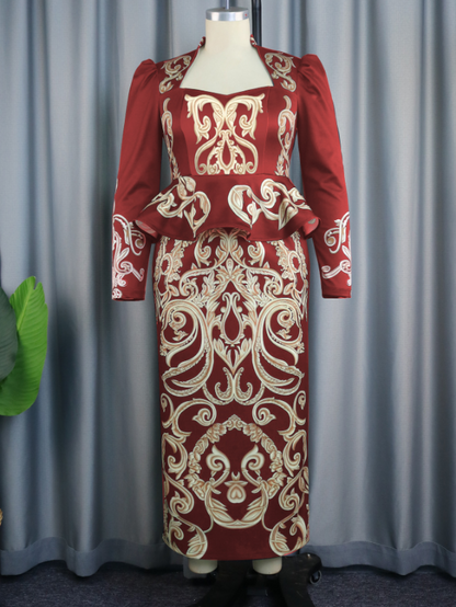 AOMEI Plus Size Long Vintage Printed Dress Square Collar