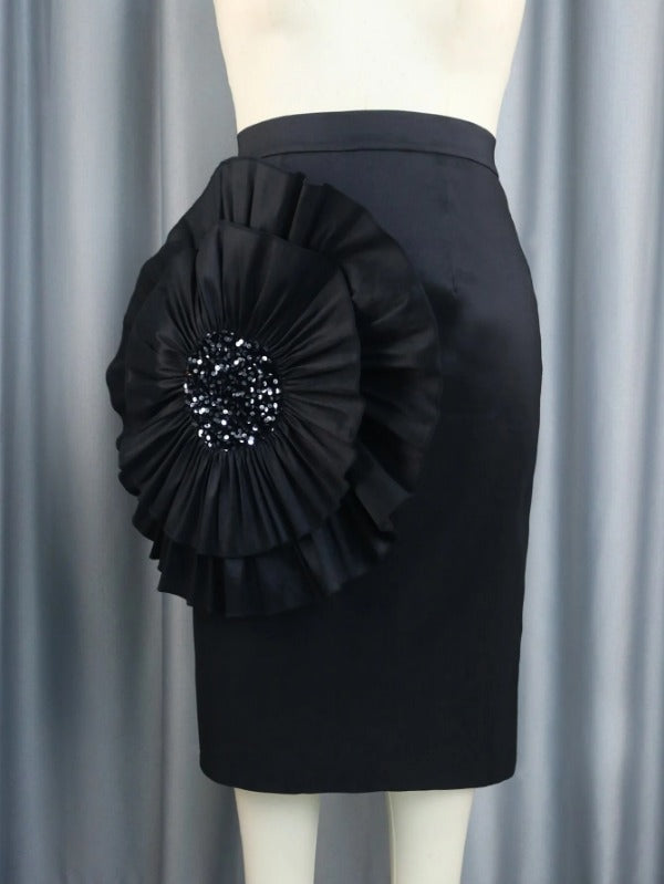 AOMEI Women Black Skirt with Big Flower Sequins