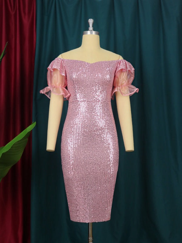 AOMEI Strapless Lady Glitter Sequin Dress Midi Puff Sleeve