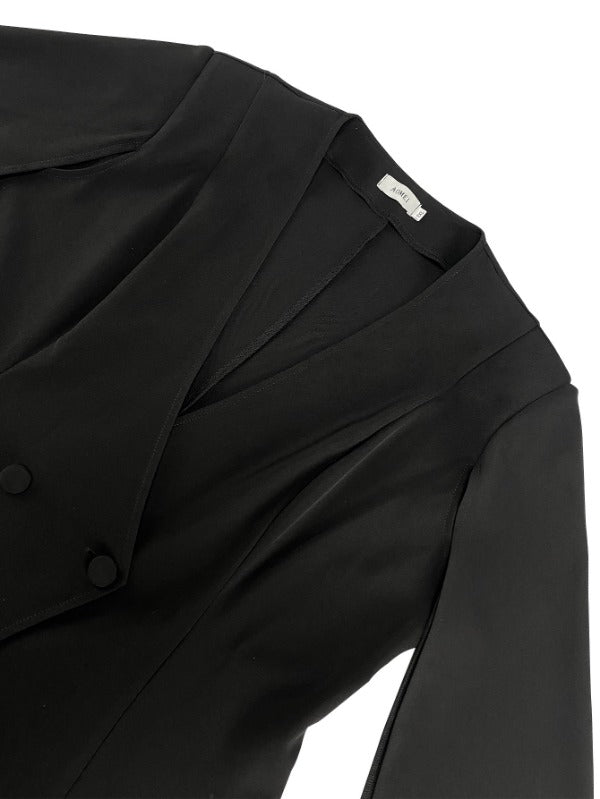 AOMEI Women V Neck Cloak Sleeve Black Blazers with Waist Belt