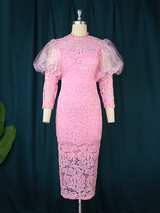 Women Pink Lace Party Puff Long Sleeve Bodycon Dresses