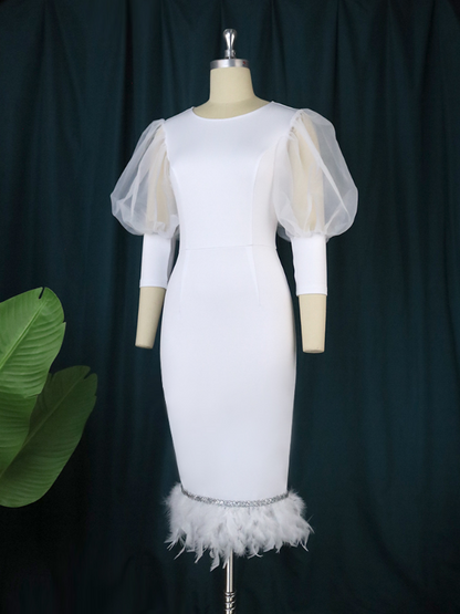 Lantern Sleeve Bodycon  Plus Size Feather Party Dress