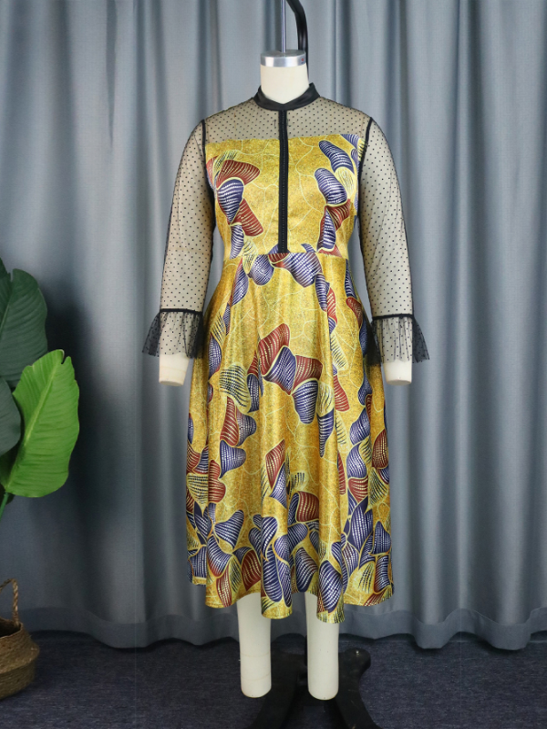 AOMEI See Through Printed Dresses A Line Midi