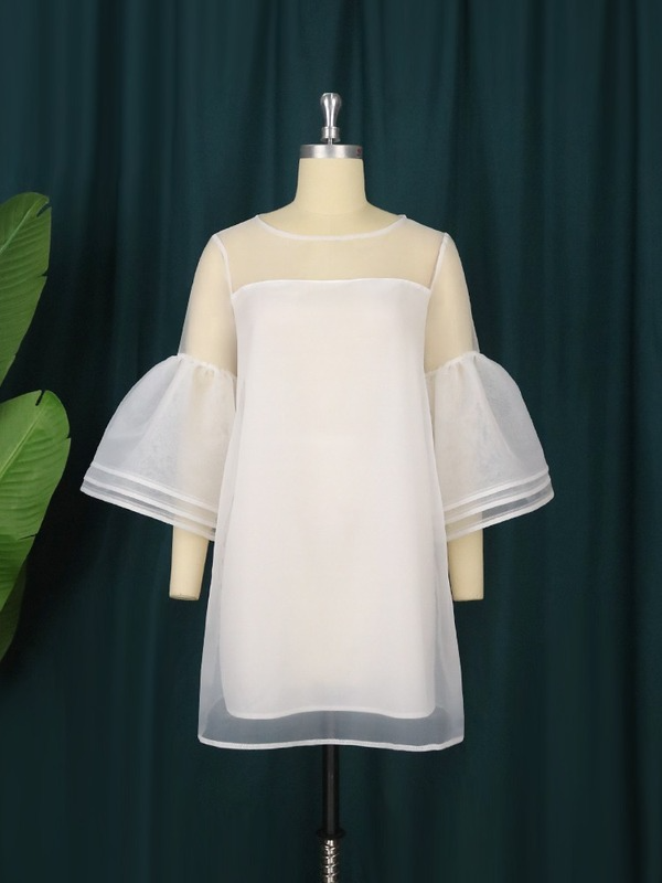 Women White Sweet  3 Layers Bell Sleeve See Through Mini Loose Dress