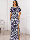 Printed O Neck Short Sleeve High Slit Leopard Long Dresses