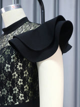 AOMEI Short Ruffle Sleeve Floral Lace Pleated Dress Midi