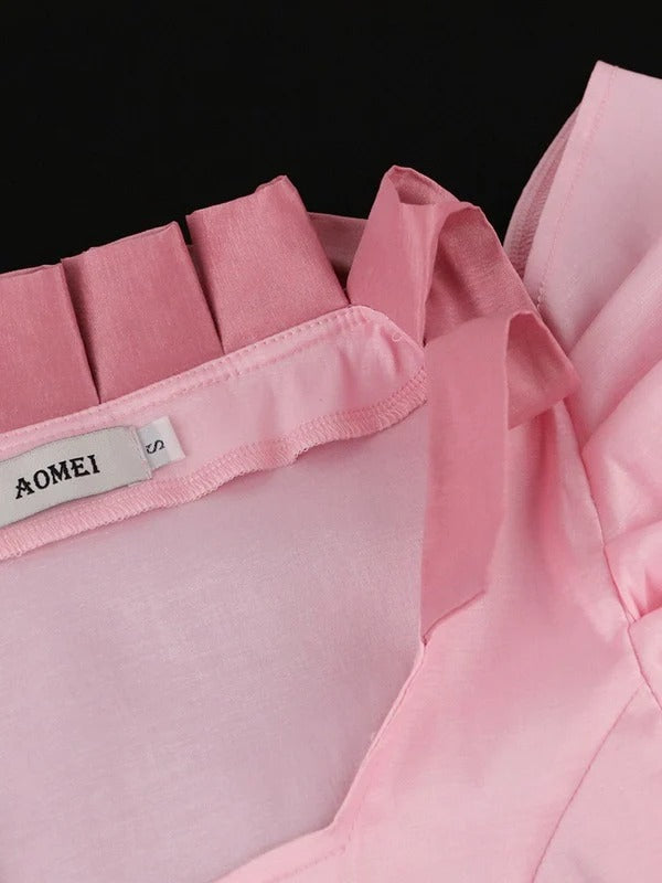 Women Party Sexy Pink Short Puff Sleeve Button Maxi Dress