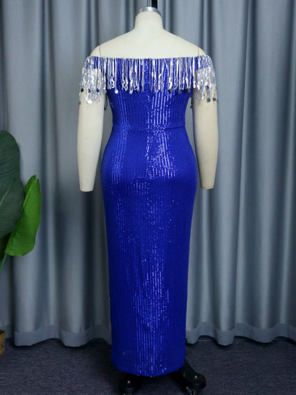 AOMEI Blue Sequin Strapless Sparkly Tassel Dress Maxi