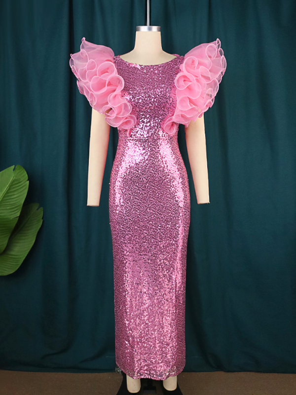Women Pink Sequin Long Bodycon Dress