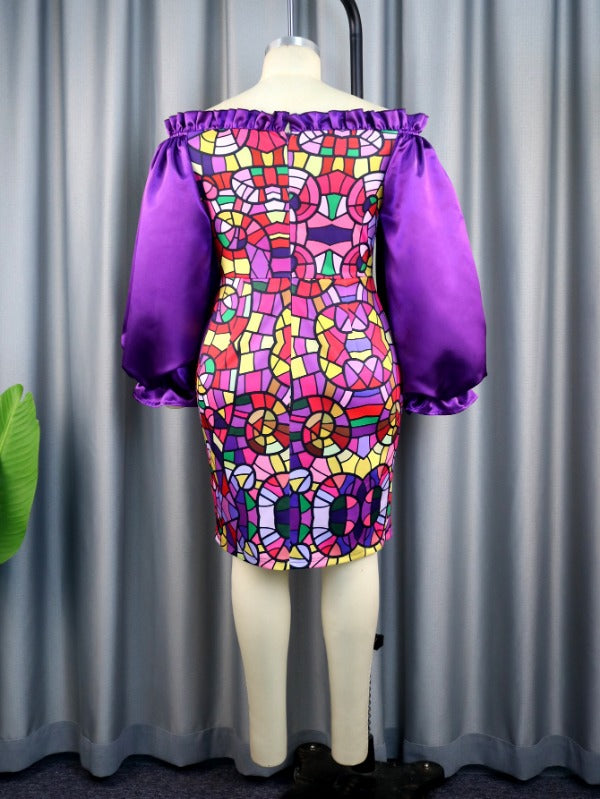 AOMEI Mini Off Shouler Purple Printed Dress