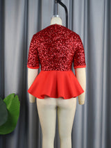 AOMEI Women Short Sleeve Red Sequined Blouses