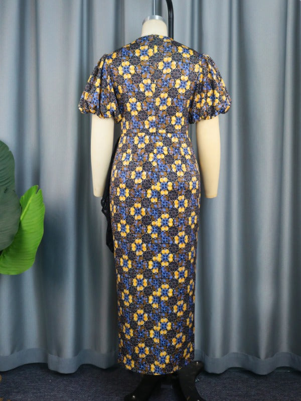 AOMEI Retro Vintage Print Lace Ruffles Maxi Dress