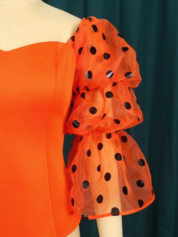 Orange Gauze Polka Dot Puff Sleeve Square Collar Girls Blouses