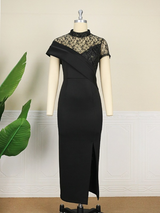 Women Lace Patchwork Short Sleeve Stand Neck Bodycon Dresse