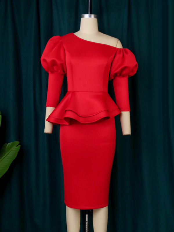 Women One Shoulder Red Dress Bodycon Christmas Party