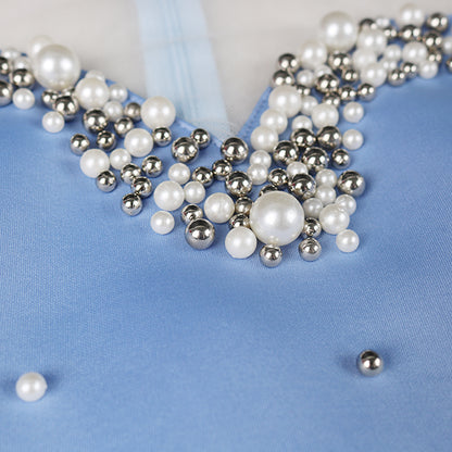 Blue Ruffles Beads Bowtie Party Dress Mini