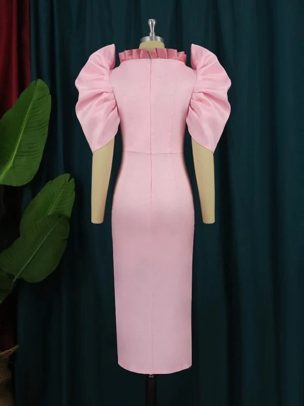 Women Party Sexy Pink Short Puff Sleeve Button Maxi Dress