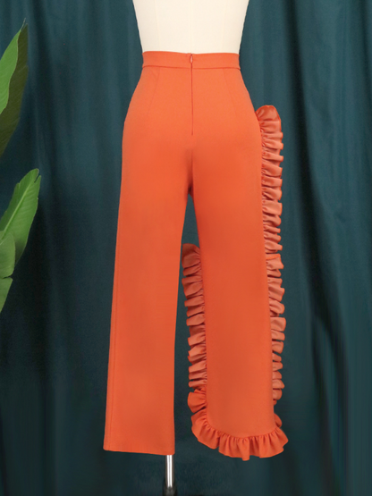 Women Orange Pants High Waist Ruffles Wide Leg Long Trousers