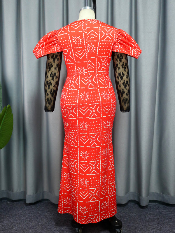 AOMEI African Printed Lace See Through Long Dress Fishtail