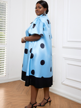 AOMEI Plus Size Blue Black Dot Loose Dress Midi