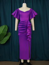 Women Purple Pleated  Ruffled Long Party Dress