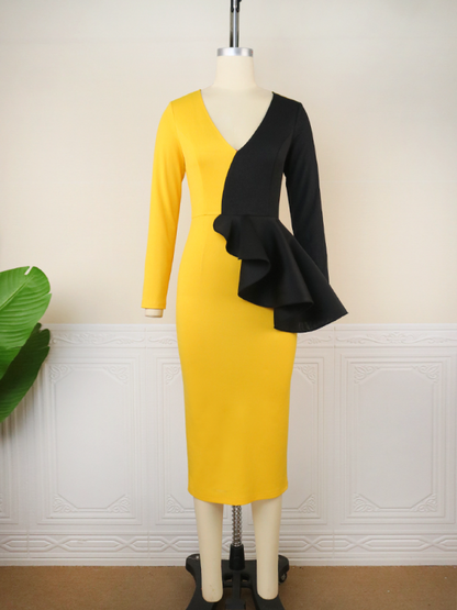 AOMEI Yellow Patchwork Ruffle Dress For Office Lady