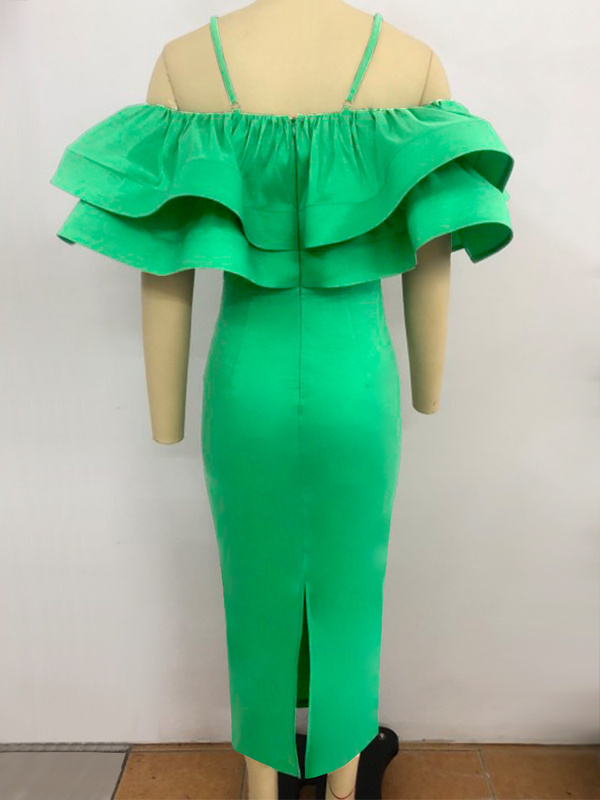 Party Ruffles Green Shiny Spaghetti Strap Off Shoulder Bodycon Dress