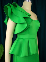 AOMEI Women One Shoulder Long Green Party Dress