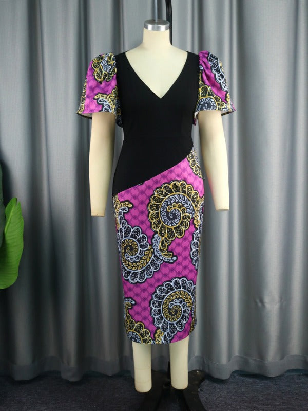 AOMEI V Neck Patchwork African Printed Midi Dresses