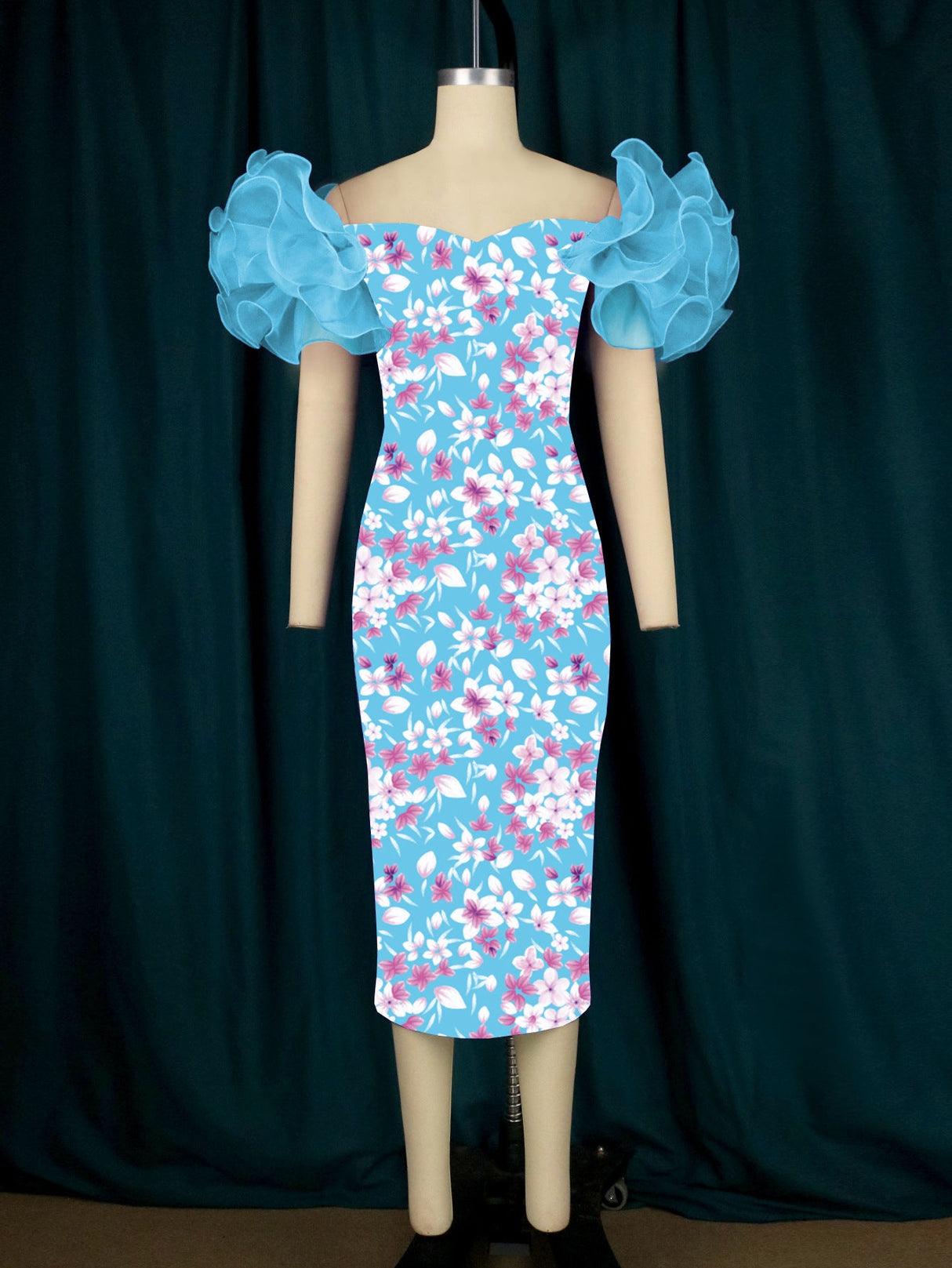 AOMEI Ruffle Short Sleeve Printed Vintage Dress Midi