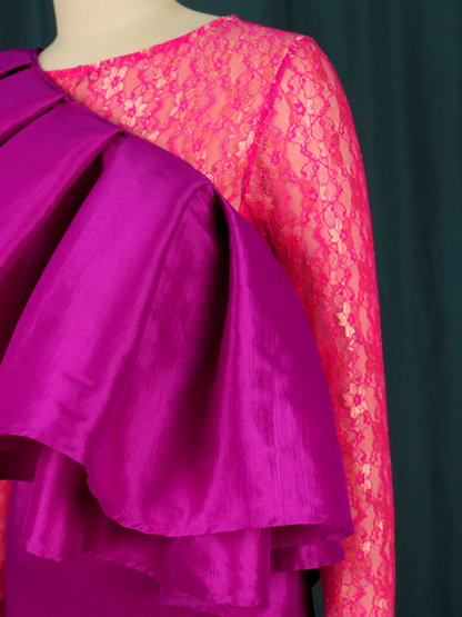 Women Rose Puffy Ruffles Lace Long Sleeve Midi Formal Party Dress