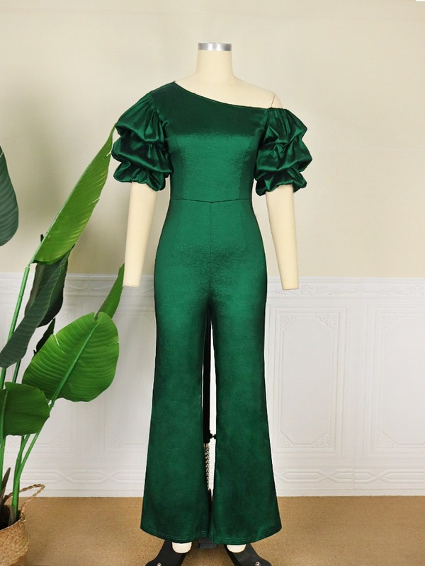 Green Short Folds Puff Sleeves Jumpsuits Ladies