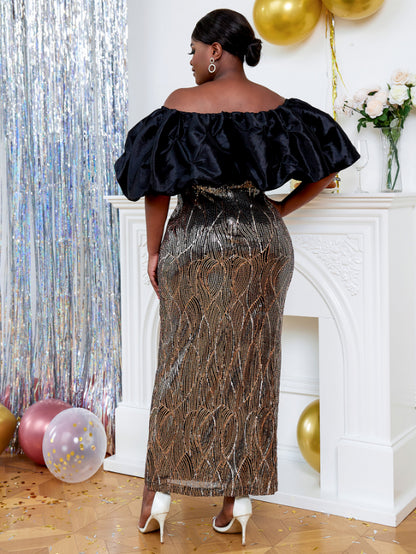 AOMEI Plus Size Sequin Patchwork Strapless Maxi Dress