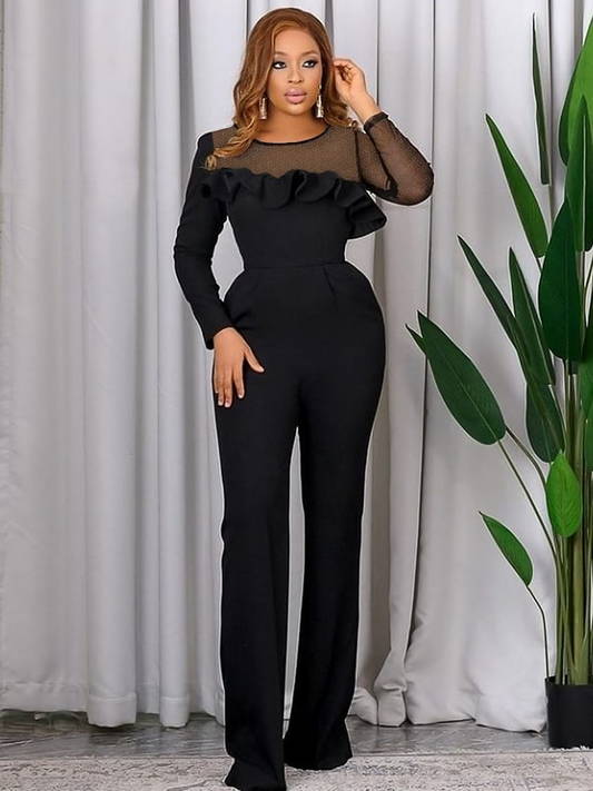 Tulle Patchwork O Neck Ruffles Jumpsuits Office Ladies