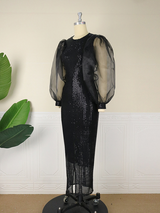 Women Sequin Lantern Sleeve Sparkly Long Bodycon Dress