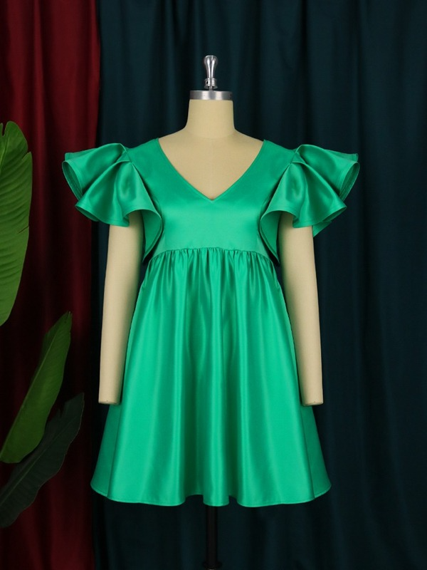 Green V Neck Flying Sleeve Mini Dress For Women
