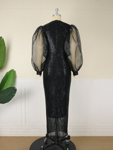 Women Sequin Lantern Sleeve Sparkly Long Bodycon Dress