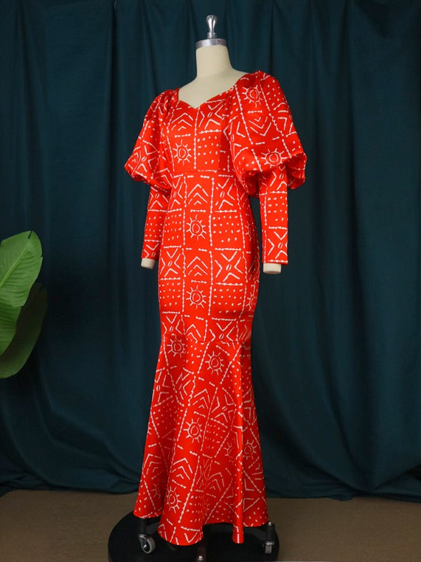 AOMEI Lantern Sleeve Printed Mermaid Maxi Dress