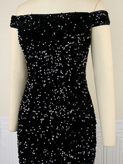 Women Black Sequin Maxi Dress Mermaid Evening Gown