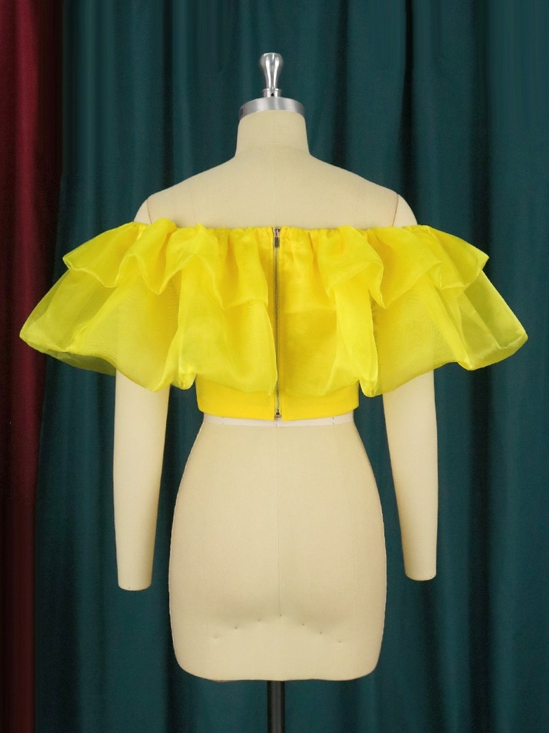 Yellow Ruffles Off Shoulder Tulle Patchwork Shirt Tops Lady's