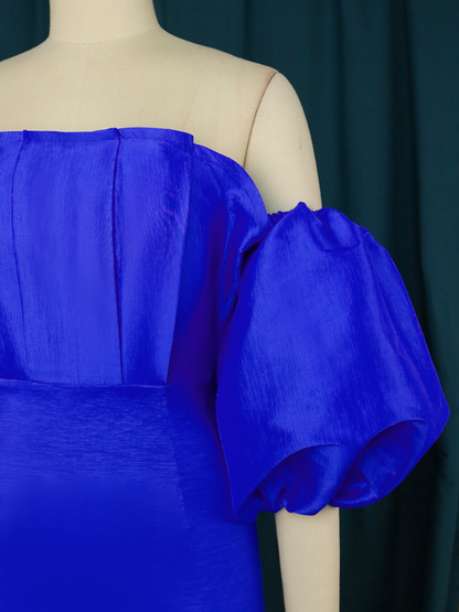 Women Off Shoulder Puffy Sleeve Blue Midi Dress