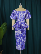 AOMEI Square Collar Short Sleeve Printed Peplum Dresses Midi